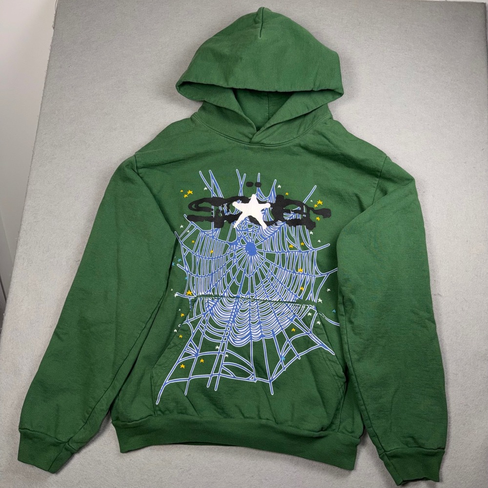 Sp5der Web Hoodie Men Medium Hunter Green Graphic Pullover Streetwear Y2K Star